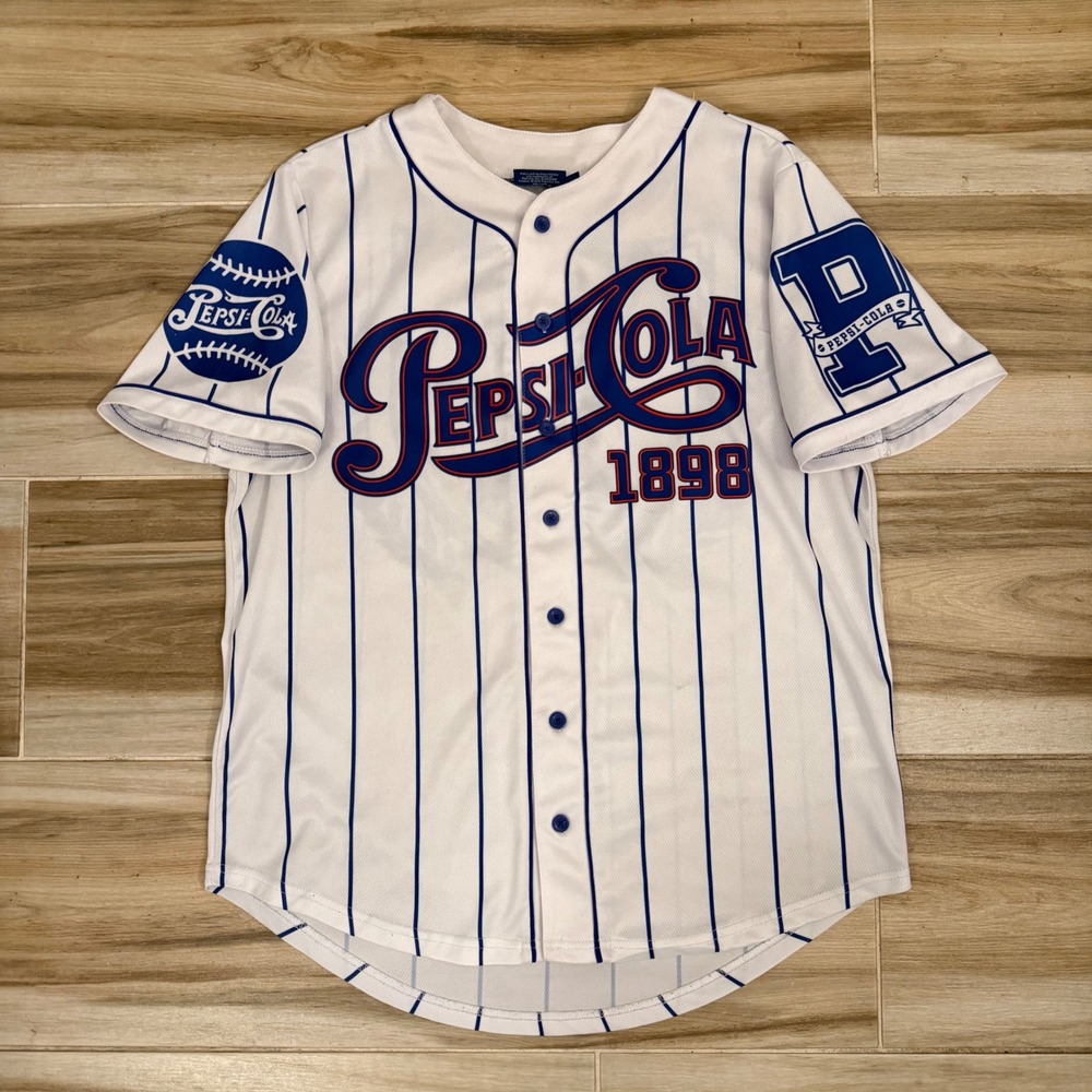 Pepsi-Cola 1898 Baseball Jersey Mens Medium White Blue Pinstripe Vintage Style
